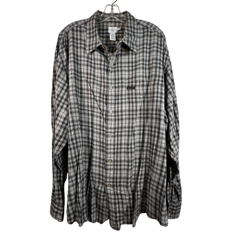Calvin Klein Jeans Mens XL Grey Black Plaid Cotton Long Sleeve Button Down Shirt
